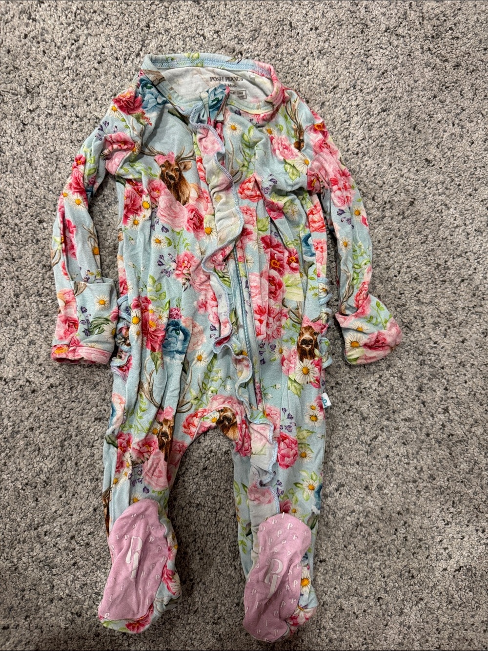 Posh Peanut Light Blue Floral Ruffle Footed One-Piece